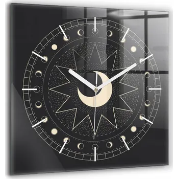 Hodiny Čtvercové Skleněné Nástěnné Hodiny do Obýváku s Grafikou Fází Měsíce 60x60 cm