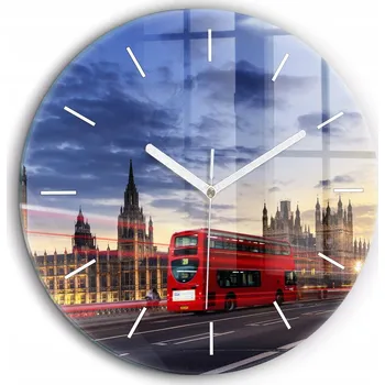 Hodiny Nástěnné hodiny Červený londýnský autobus bílé ručičky kulatý průměr 60 cm