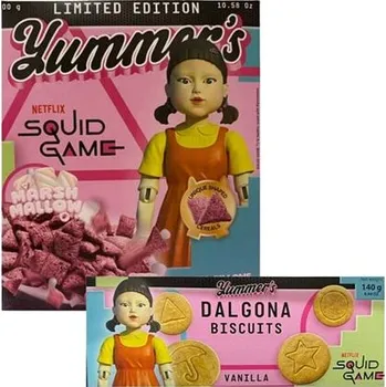 Bonbon Squid Game polštářky s příchutí marshmallow 300 g + pšeničné sušenky s vanilkovou příchutí 140 g