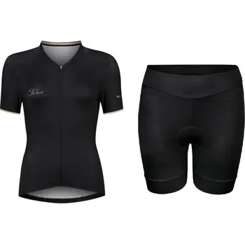 cyklistický dres Force GOLD LADY černý cyklodres - kr. rukáv + Force CHARM LADY černé dámské cyklokraťasy XL + DÁREK