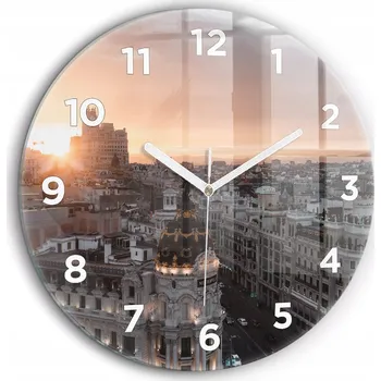 Hodiny Moderní skleněné nástěnné hodiny Města při západu slunce kulatý fi60 cm