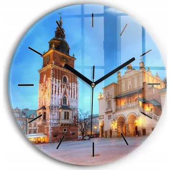 Hodiny Moderní skleněné hodiny s grafikou na zeď Hlavní náměstí v Krakově průměr 30 cm