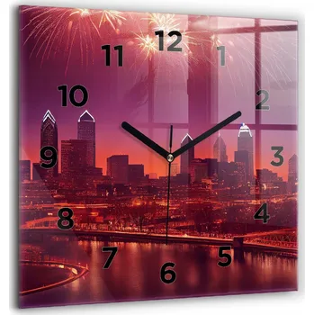 Hodiny Nástěnné Čtvercové Skleněné Foto Hodiny Město v noci ve Philadelphii 60x60 cm