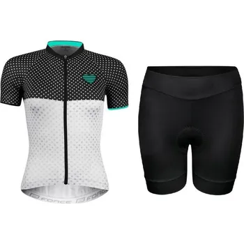 cyklistický dres Force POINTS černo-bílo-tyrkysový cyklodres + Force CHARM LADY černé cyklokraťasy XS + DÁREK