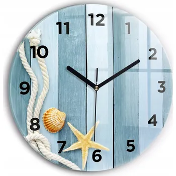 Hodiny Moderní skleněné nástěnné hodiny s potiskem Prkna, pruhy a mušle, průměr 30 cm
