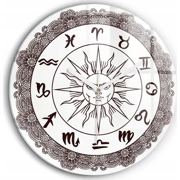Hodiny Minimalistické Skleněné Nástěnné Hodiny s Dekorativním Vzorem Znamení Zvěrokruhu fi60 cm