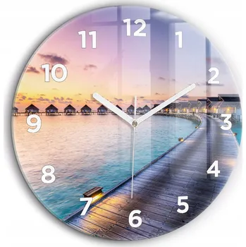 Hodiny Skleněné Čtvercové Nástěnné Hodiny s S Potiskem Západ Slunce Maledivy fi60 cm