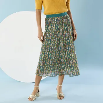 Dámská sukně Midi rozšířená sukně s potiskem, pro menší postavu tyrkysová/medová 38/40