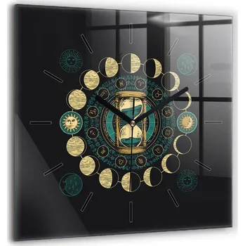 Hodiny Skleněné nástěnné hodiny do kanceláře s motivem fází měsíce a přesýpacích hodin 60x60 cm