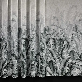 Záclona / lehká závěsovina polyesterový batist 4096/1, zeleno-šedé listy na smetanové, s olůvkem, výška 160cm (v metráži)