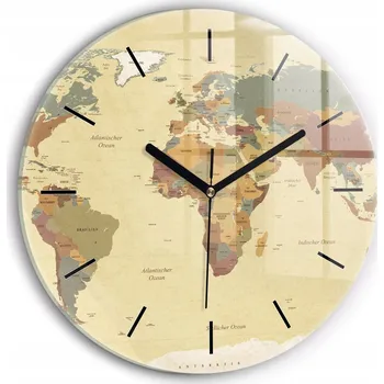 Hodiny Čtvercové skleněné nástěnné hodiny Mapa světa ve vintage stylu fi30 cm