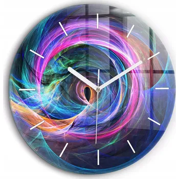 Hodiny Skleněné foto hodiny na zeď Barevný Fraktál kulatý bílé ručičky průměr 60 cm