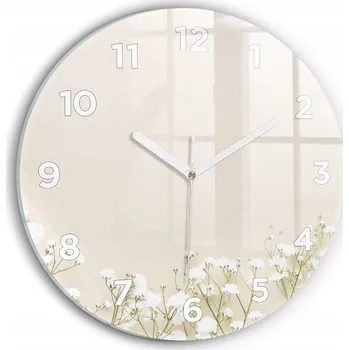 Hodiny Moderní Skleněné Hodiny s Grafikou na Zeď Kvetoucí Květiny Sádrovky Průměr 30 cm