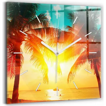 Hodiny Skleněné nástěnné hodiny do obýváku s grafikou Dovolená Odpočinek Léto 30x30 cm