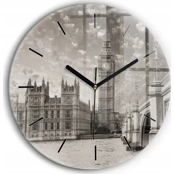 Hodiny Tiché skleněné nástěnné hodiny Londýn Big Ben černé ručičky kulatý průměr 60 cm