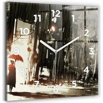 Hodiny Skleněné nástěnné hodiny do kanceláře s motivem Žena v deštivé noci 30x30 cm