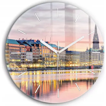 Hodiny Moderní skleněné nástěnné hodiny Alster Hamburg s bílými ručičkami fi60 cm