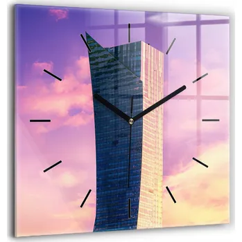 Hodiny Skleněné nástěnné hodiny do kanceláře s grafikou mrakodrapu ve Varšavě 60x60 cm
