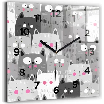 Hodiny Čtvercové Skleněné Nástěnné Hodiny do Obýváku s Grafikou Vzor s kočkami 30x30 cm