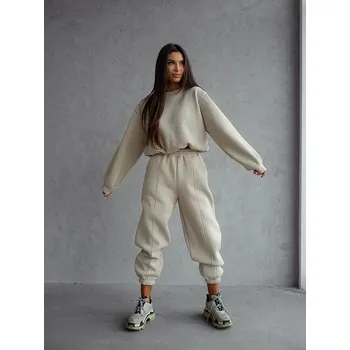 Béžový dámský bavlněný teplákový komplet s krátkou mikinou (82160) odstíny béžové XL (42)