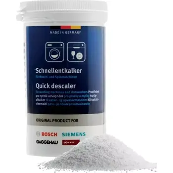 BOSCH Odvápňovací prostředek 00312340 rozpouští usazeniny vodního kamene ve vnitřních částech spotřebiče. Přípravek je bezpečný pro všechny materiály, včetně těsnění a topných těles. Doporučeno jednou za 2–3 měsíce na program 60 °C bez nádobí či prádla.