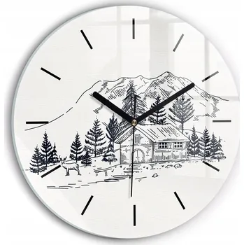 Hodiny Moderní skleněné nástěnné hodiny s potiskem Kreslené městečko průměr 30 cm