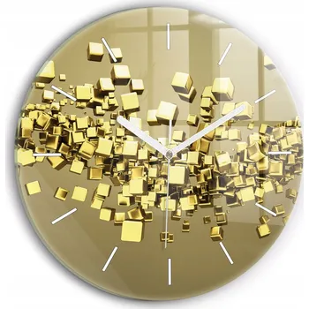 Hodiny Moderní skleněné nástěnné hodiny s potiskem Zlaté čtverce kulatý průměr 30 cm