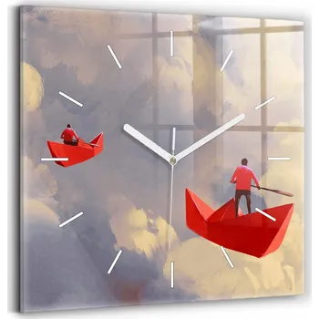 Hodiny Čtvercové Skleněné Hodiny Minimalistické Nástěnné Papírové lodě 30x30 cm