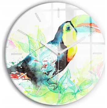 Hodiny Moderní skleněné foto hodiny na zeď Tukan v trávě kulatý průměr 30 cm