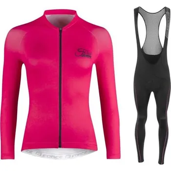 cyklistický dres Force CHARM LADY růžový cyklodres - dl. rukáv + Force REFLEX LINE LADY černo-růžové cyklokalhoty L + DÁREK