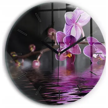 Hodiny Nástěnné Čtvercové Skleněné Hodiny do Obýváku Květ Orchideje na vodě průměr 30 cm