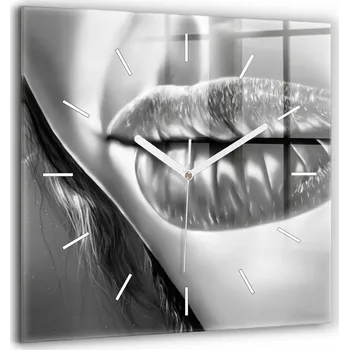 Hodiny Čtvercové Skleněné Nástěnné Hodiny do Obýváku s Grafikou Ženských Rtů 60x60 cm