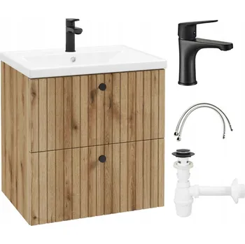 Šatní skříň Sada koupelnové skříňky dub evoke s černým umyvadlem, baterií a sifonem
