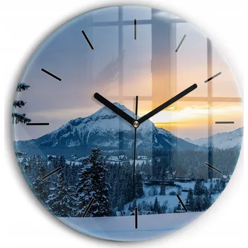 Hodiny Kulatý Skleněné Nástěnné Hodiny do Kanceláře s Motivem Horská Krajina fi30 cm