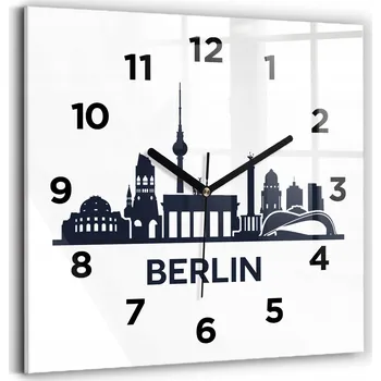 Hodiny Čtvercové skleněné nástěnné hodiny do kanceláře Ilustrace města Berlín 30x30 cm