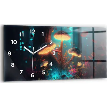 Hodiny Moderní skleněné nástěnné hodiny s potiskem 60x30 cm Les a kouzelné houby
