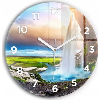 Hodiny Moderní skleněné nástěnné hodiny Vodopád na Islandu kulatý průměr 30 cm