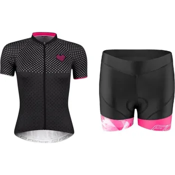 cyklistický dres Force POINTS černo-růžový cyklodres - kr. rukáv + Force MINI černo-růžové cyklokraťasy XS + DÁREK