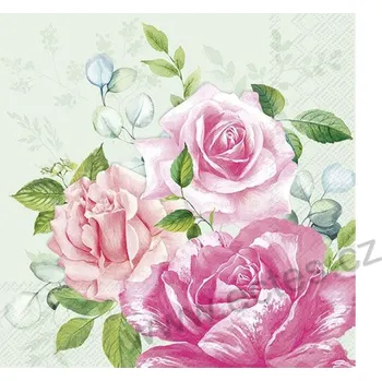 Papírový ubrousek IHR BEVERLY zelený papírový dekorační ubrousek na découpage bohaté rozkvetlé květy růžových růží