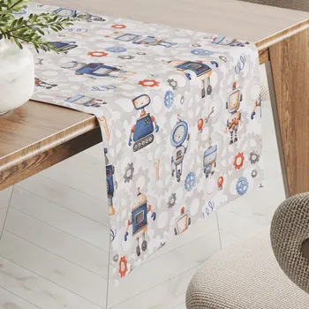ubrus Dětský bavlněný běhoun na stůl Sandra SA-584 Svět robotů na šedo-bílém 20x140 cm