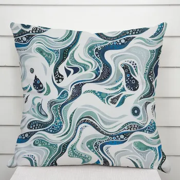 Povlak na dekorativní polštářek Bavlněný povlak na polštář Sandra SA-587 Modro-zelené designové vlnky na mintovém 50 x 60 cm