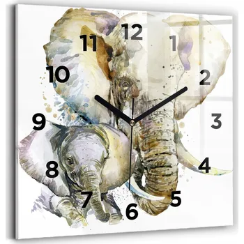 Hodiny Skleněné nástěnné hodiny do kanceláře s grafikou Malované sloni, 30x30 cm