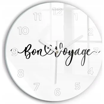 Hodiny Moderní skleněné hodiny s grafikou na zeď Nápis Bon voyage kulatý průměr 30 cm