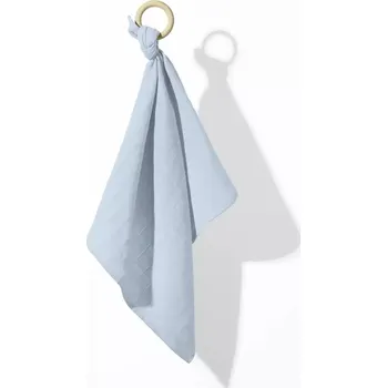 Dřevěné kousátko s mušelínovou plenkou, mazlíček na prořezávání zoubků – modré