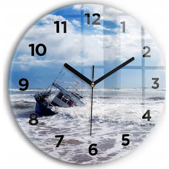 Hodiny Moderní skleněné nástěnné hodiny s potiskem potopené loď , průměr 30 cm