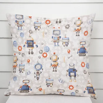 Povlak na dekorativní polštářek Dětský bavlněný povlak na polštář Sandra SA-584 Svět robotů na šedo-bílém 50 x 50 cm