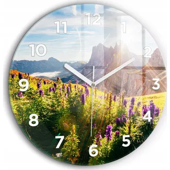 Hodiny Skleněné nástěnné hodiny do moderního interiéru se vzorem Levandulová louka, průměr 60 cm