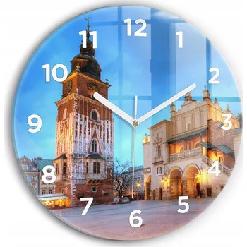 Hodiny Moderní skleněné hodiny s grafikou na zeď Hlavní náměstí v Krakově průměr 30 cm