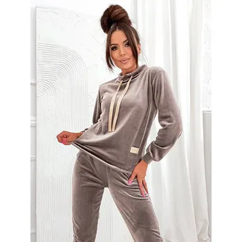 Velurový dámský komplet v barvě cappuccino (637) odstíny béžové XL (42)