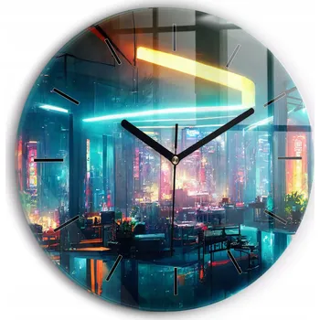 Hodiny Skleněné nástěnné hodiny do kanceláře S Potiskem Město v cyberpunkovém stylu průměr 30 cm